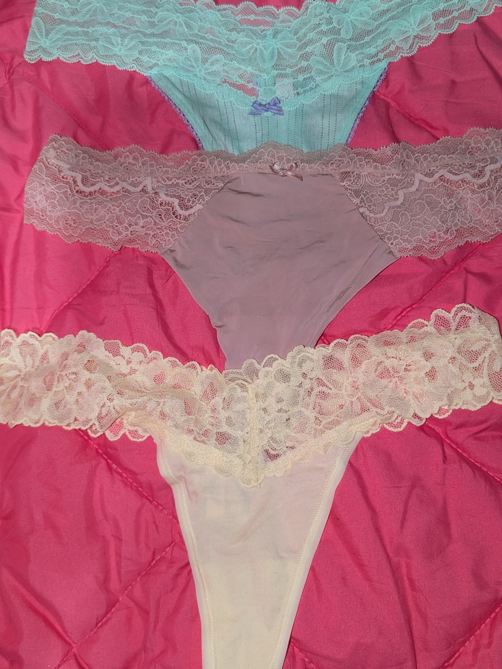 Victoria's Secret Lace-Trim Thong Set in Mint, Lavender, and Cream